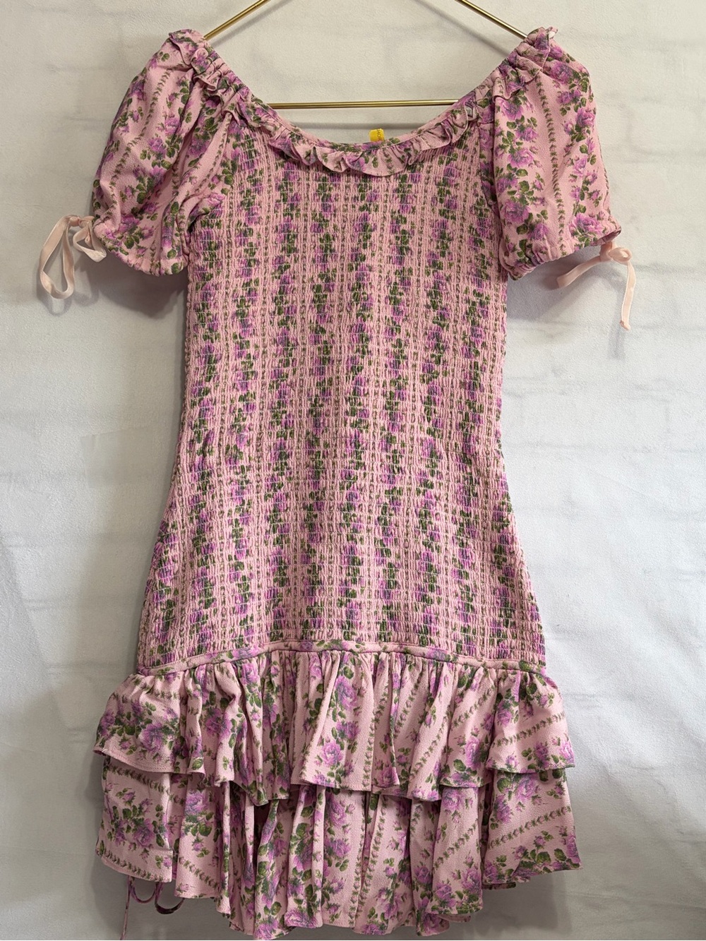LoveShackFancy Pink Floral Smocked Puff Sleeve Dress